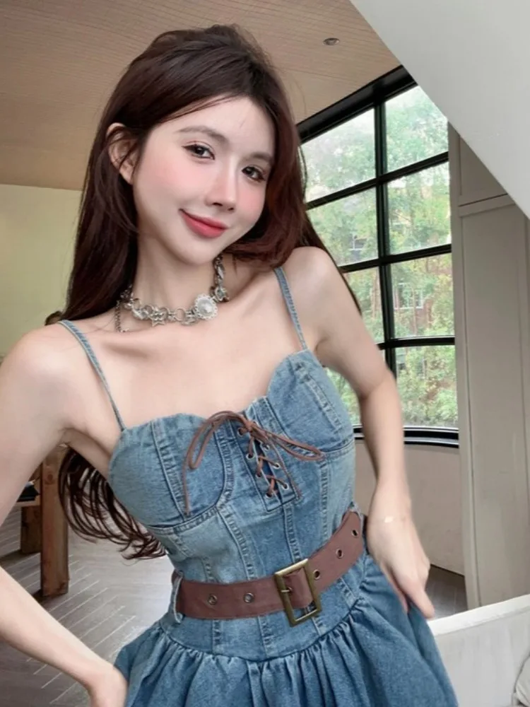 

Летняя винтажная джинсовая женская модная универсальная сексуальная плиссированная пышная юбка с завязками на талии в Корейском стиле