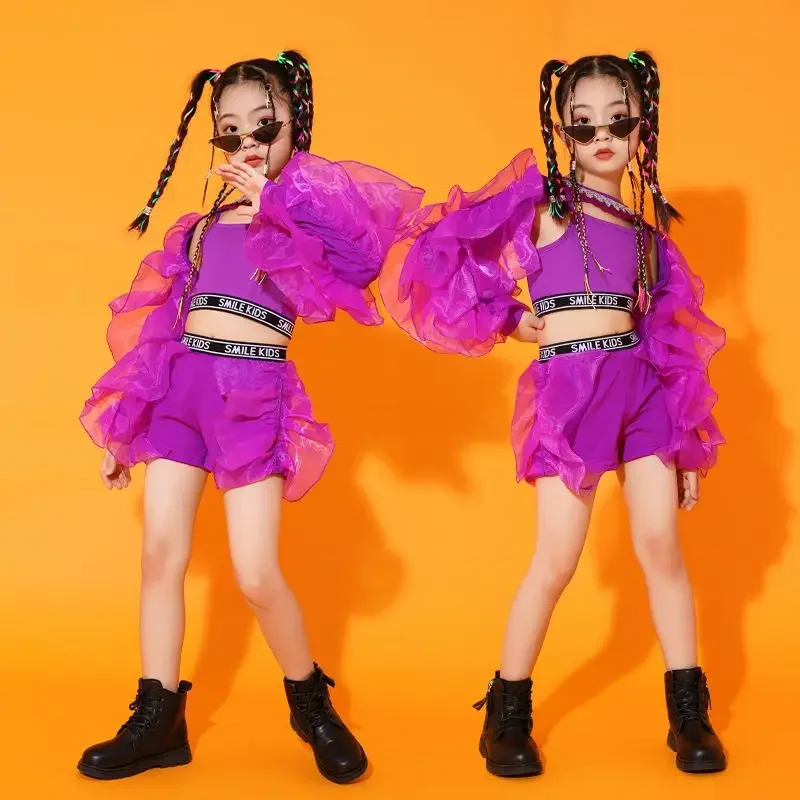 Dance Clothes Concert Stage Performance Wear 2024 New Girls Jazz Dance Costume Purple Fluffy Sleeves Suit Kids Hip Hop