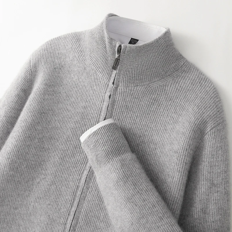 

Men's Pure Cashmere Zipper Mock Neck Cardigan Sweater Thicken 100% Cashmere Knitwear Autumn Winter Sporty Style Outerwear Top