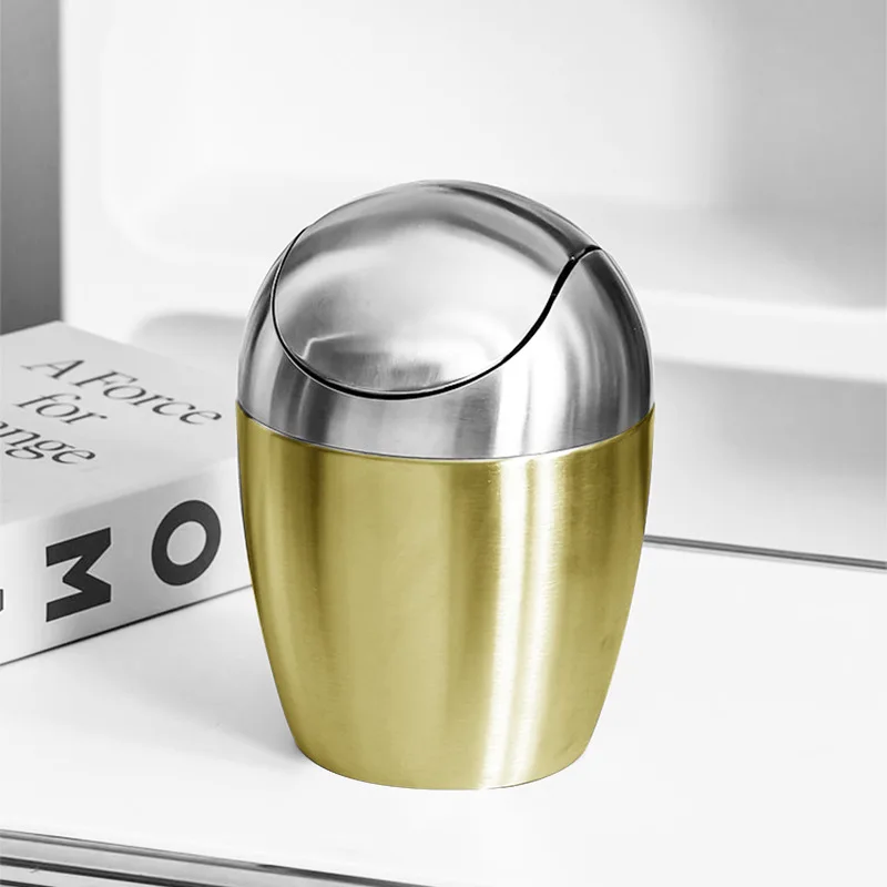 

304 Stainless Steel Mini Countertop Brushed Swing Lid Trash Can Set, 1.5 L / 0.40 Gal,Desktop gold trash can