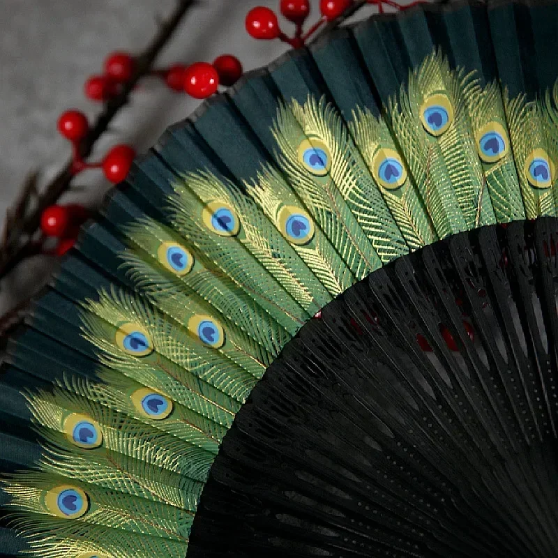 Chinese Style Peacock Fan Bamboo Fan Feather Classical Craft Female Dance Hanfu Pendant Retro Daily Use Ghatpot Silk Folding Fan