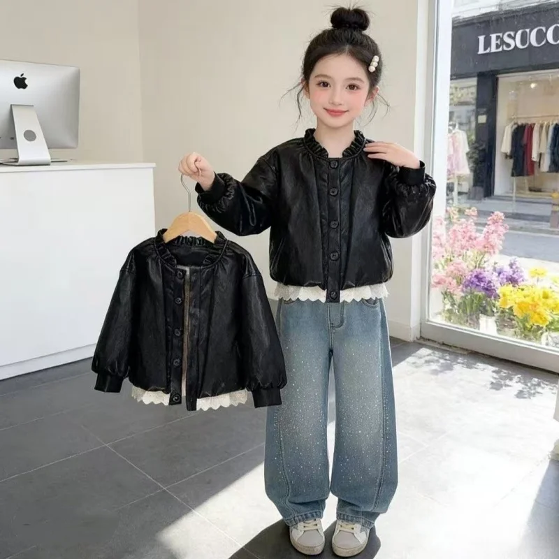 

Baby Girl Leather Jacket Spring and Autumn Children's Casual Handsome PU Western Style Coat 90-150cm