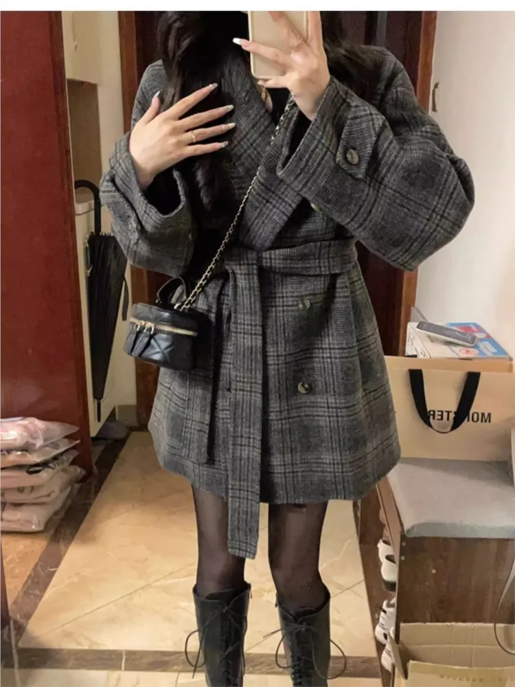 

Women Autumn Korean Loose Jacket Plaid Blazer Belted Elegant Fashion Female Suit Jacket Party Business Workwear Coat New