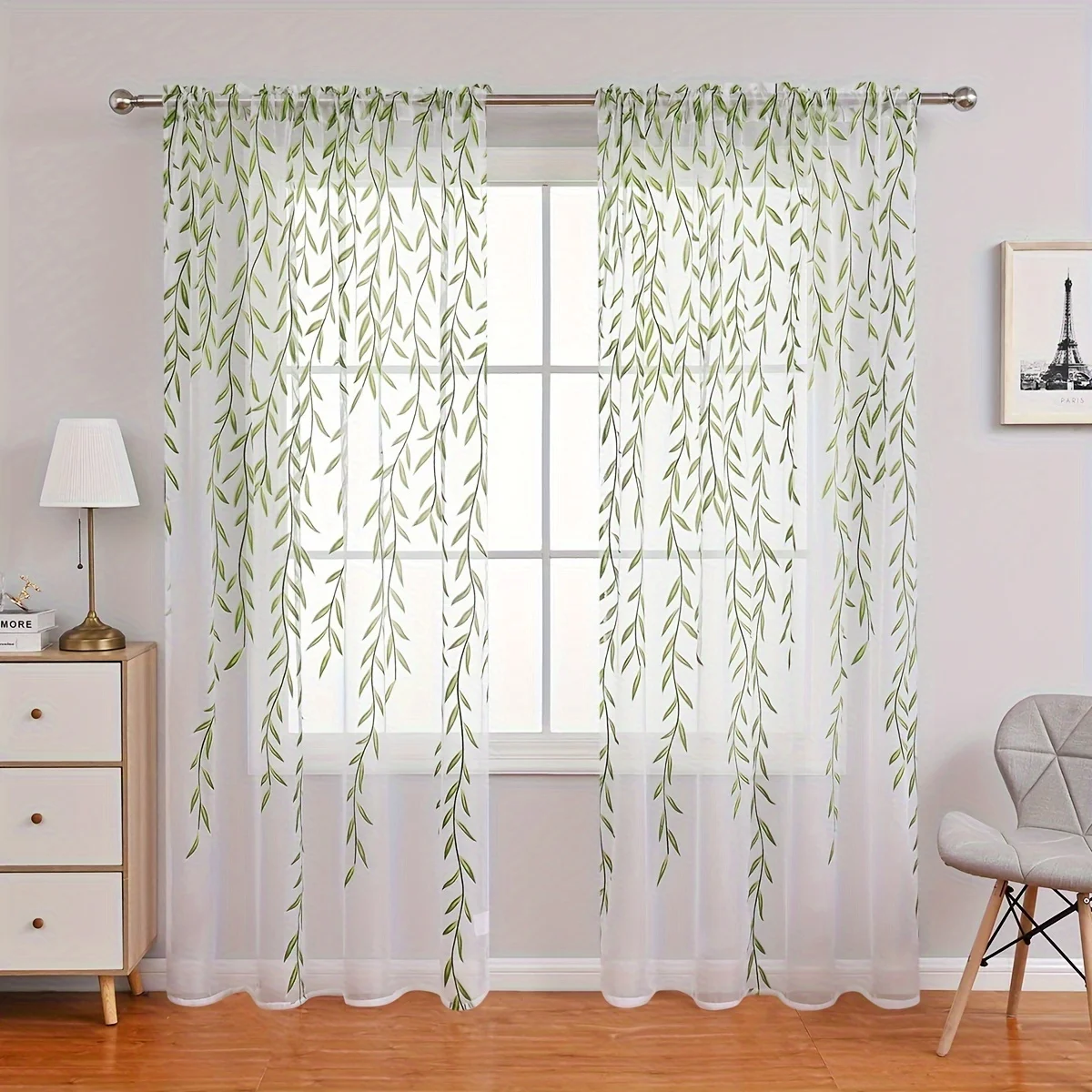 2pc Terlon offset printed willow rod curtains, living room and balcony decorative window screens, non washable