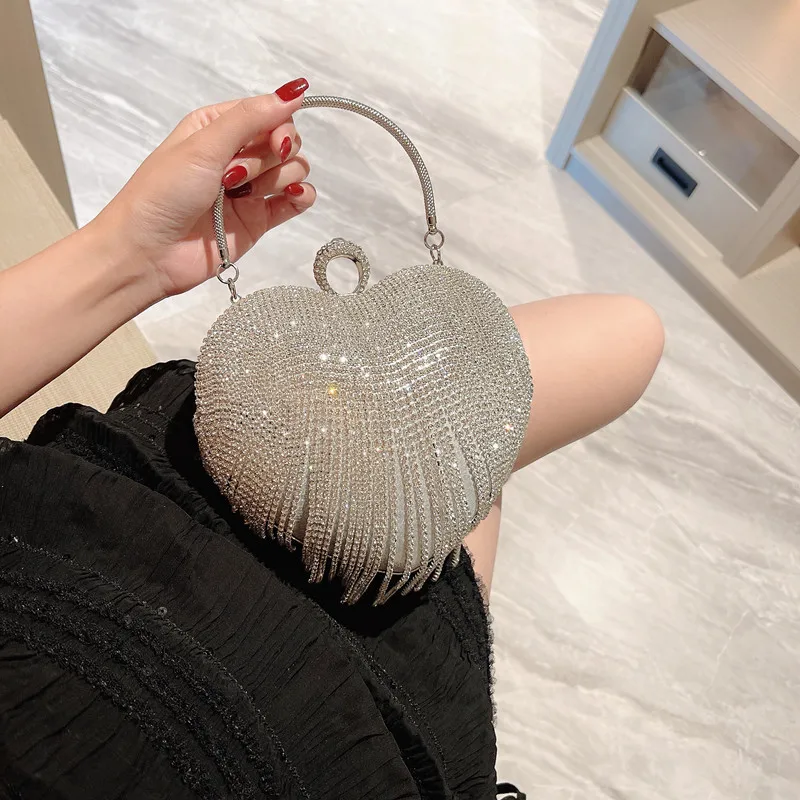 

Rhinestone Evening Bag Heart Pattern Silver Clutch Womens Fashion Diamond Banquet Clutch And Purse Wedding Bridal Prom Wallets