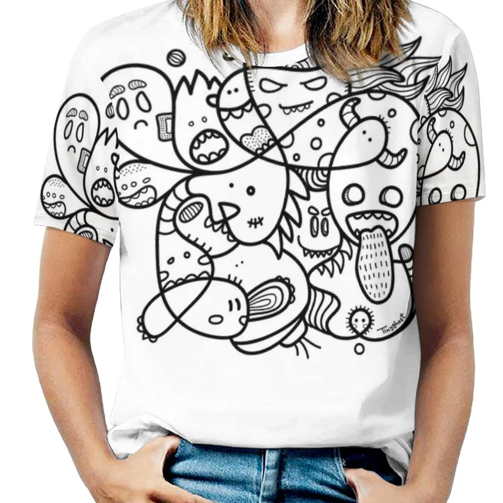 Doodle Fashion Print Women Ladies Girls T-Shirt Harajuku Round Neck Short Sleeve Tops & Tees Black And White Doodle Tinyghost