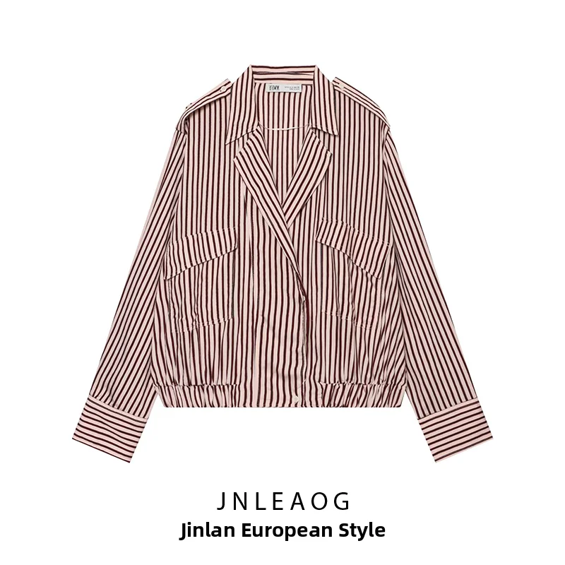 JNLEAOG Autumn New Women's Pilot Striped Commuter Jacket Style Shirt Standard Fit Long Sleeve Polyester Fiber 100% Button Clo...