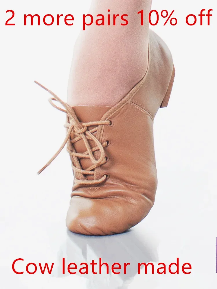 Chaussures de danse Oxford à lacets en cuir de vachette véritable pour garçons et filles, chaussures à semelle fendue, noir Tan aught, ballet moderne contemporain, jazz