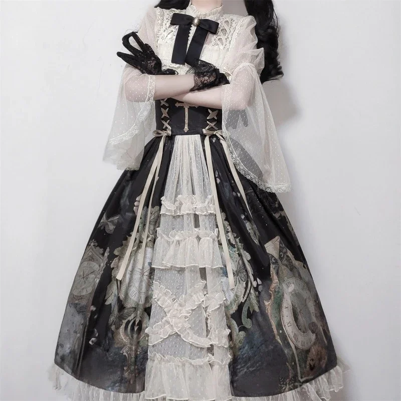 Victorian Gothic Lolita Dress Kawaii Women Sweet Lace Sleeve Blouses Butterfly Print Princess Skirt Vintage Elegance Lolita Sets
