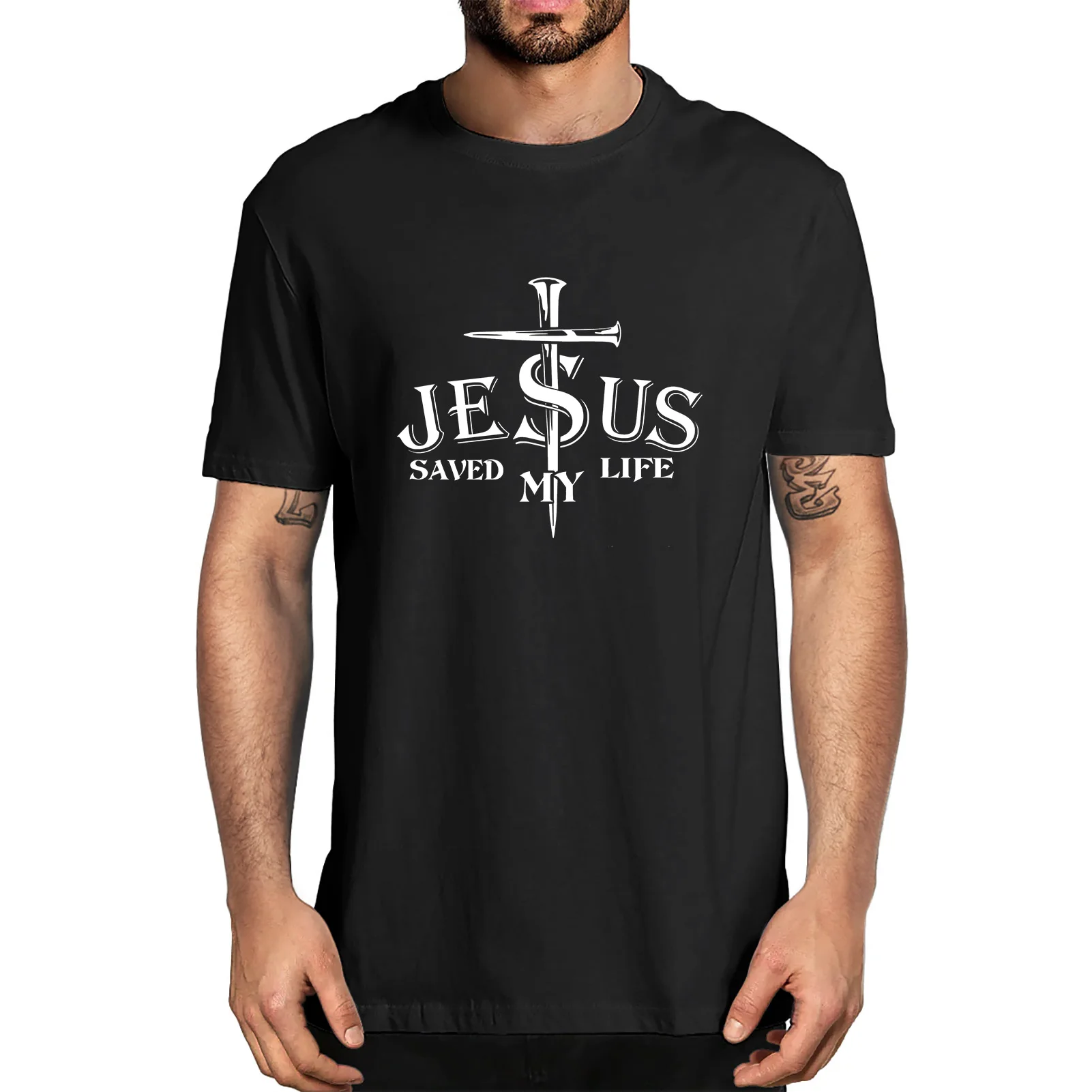 Jesus Saved My Life Cross Print John 3:16 Jesus Lord Of Lords Cross Christian Faith Men's 100% Cotton Novelty T-Shirt Unisex Tee