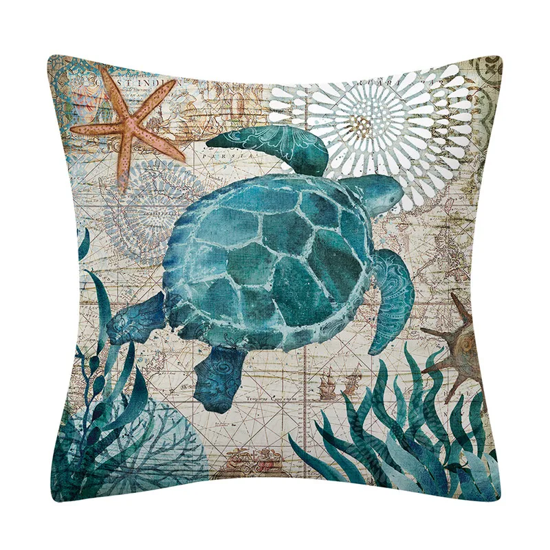 Ocean Animal Decorative Pillows Cover 45x45 Polyester Sofa Cushions Sea Turtle Shell Cushion  Home Decor Pillowcases