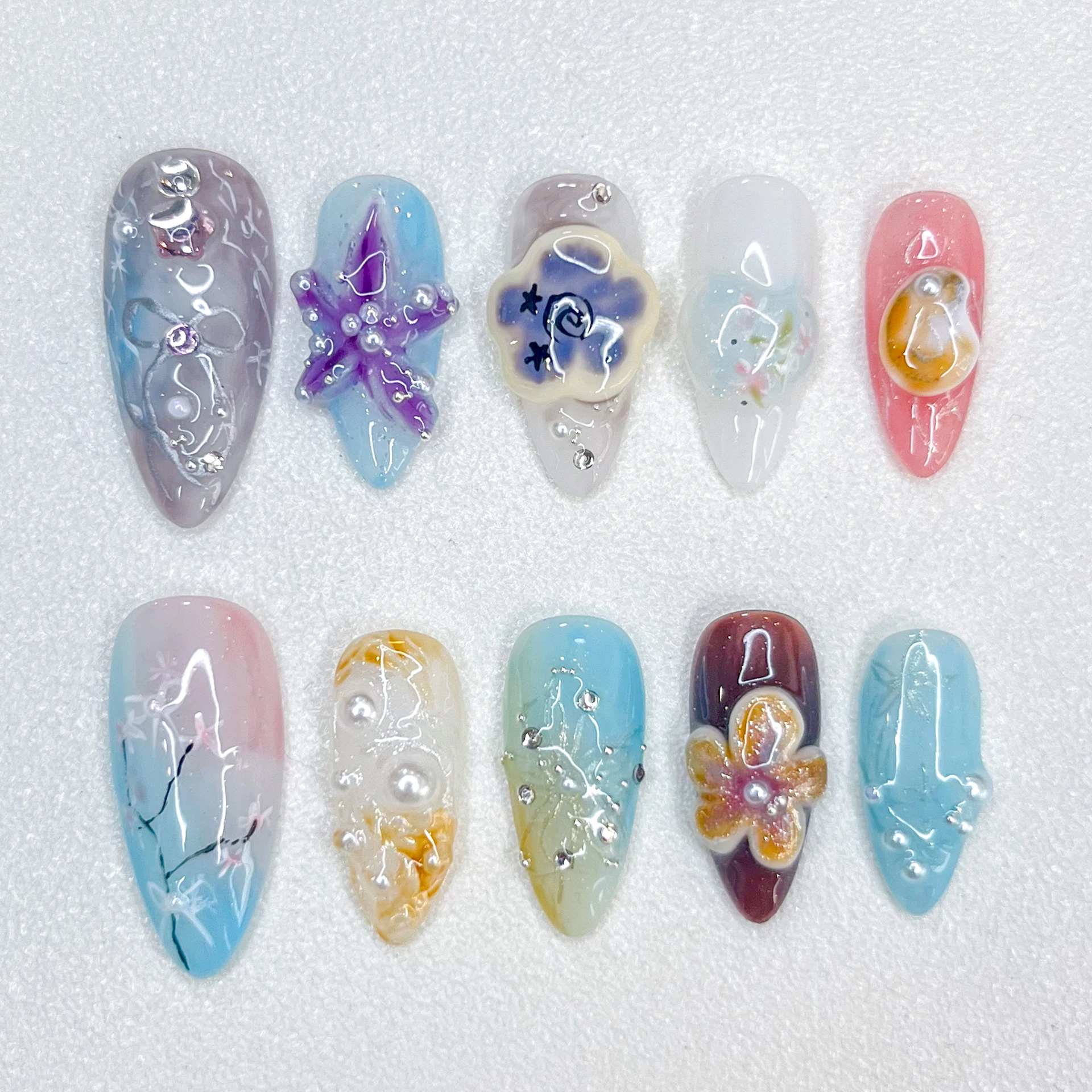 New Handmade Exquisite Relief Flower Style Mandarin Duck Fake Nails Nails Pressed on Female Wear Decoration