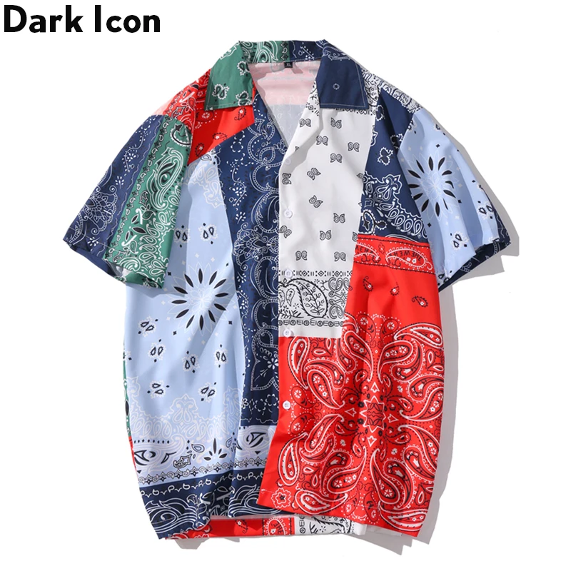 Dark Icon Bandanna Print Retro Shirts Turn-down Collar Men Streetwear Short Sleeve Shirts Men Top