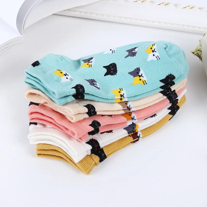 5Pairs New Women Cotton Ankle Socks Cute Cat Colorful Funny Socks Casual Animal Fruit Cake Cartoon Socks For Girls