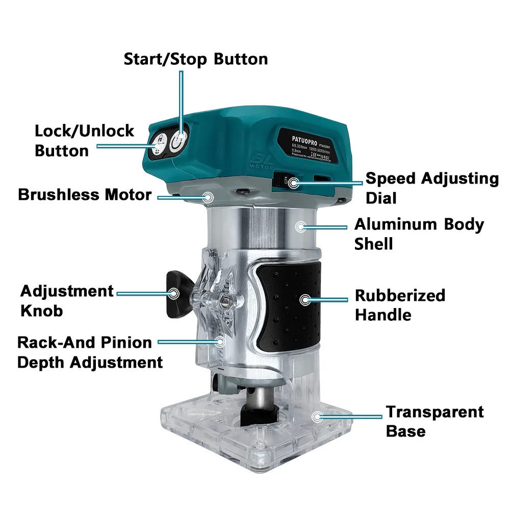 PATUOPRO 5-speed Brushless Electric Trimmer Handheld Woodworking Tool Milling Engraving Slotting Machine For Makita 18V Battery