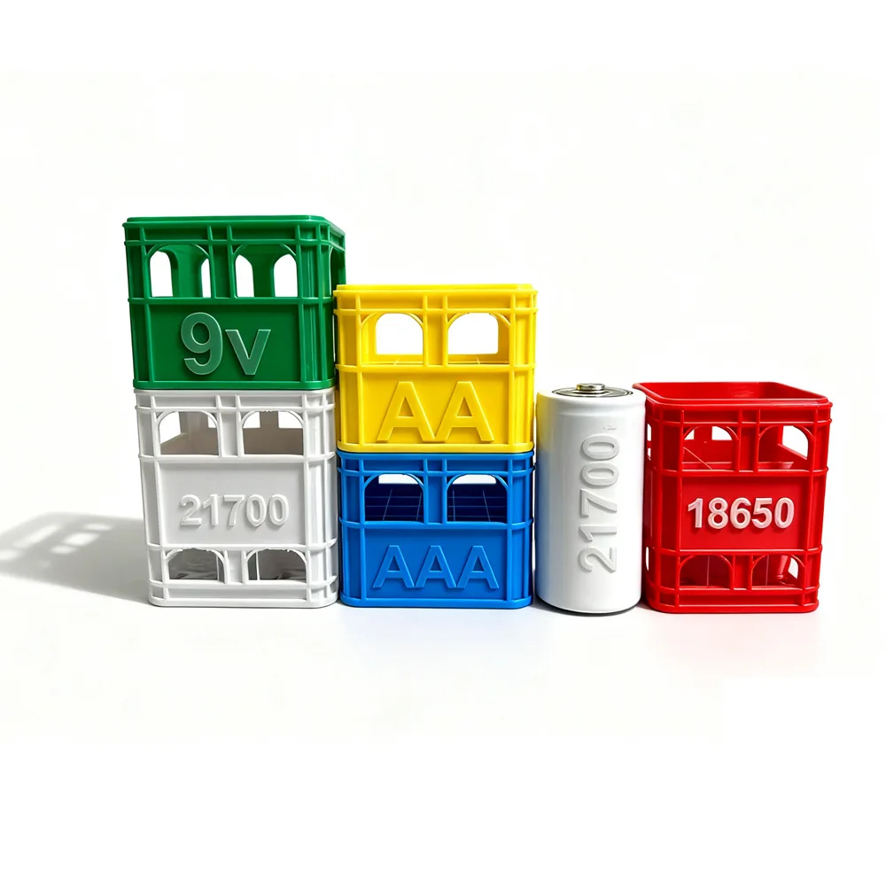 YMOLGA 3D printed beer crate style stackable battery storage box, AA and AAA sizes, 18650 21700 9V.