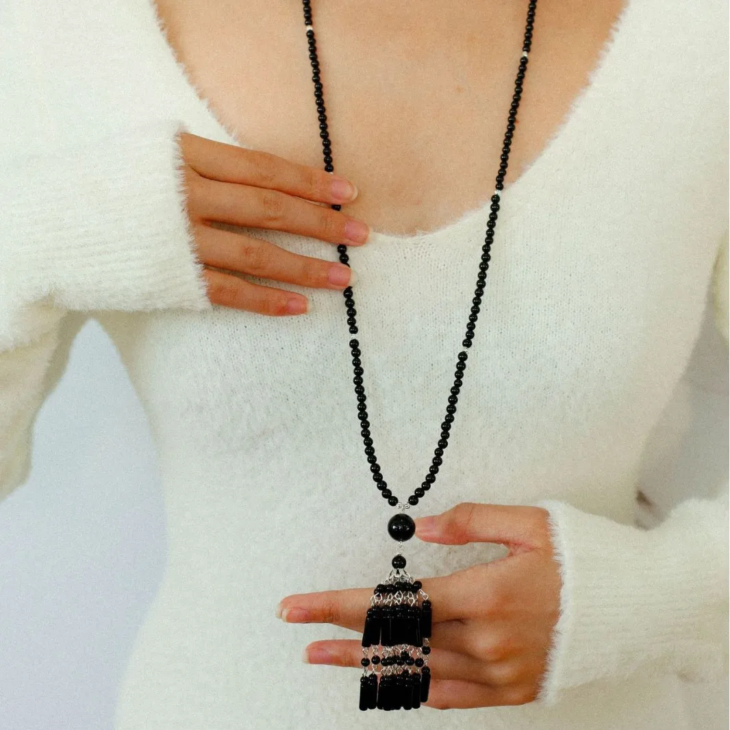 Europe America Designer Brass Plated Platinum Black Agate Tassel Long Necklace Women Top Quality Jewelry Trend
