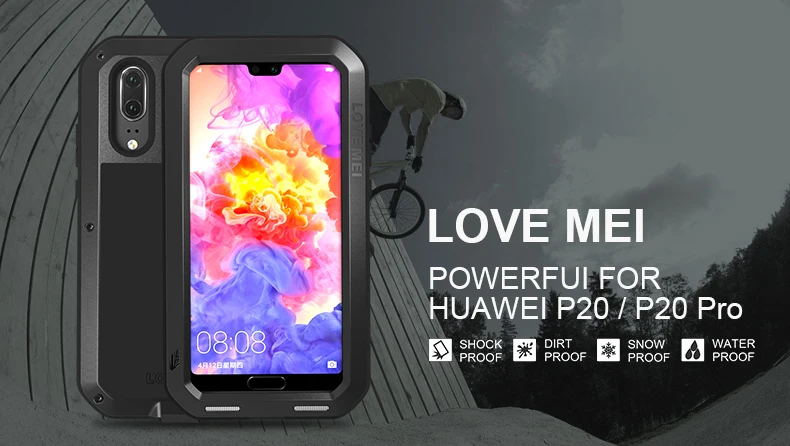 LOVE MEI-Powerful Metal Waterproof Case for Huawei P20 Pro, Shockproof Cover, Aluminum Protection, Gorilla Glass