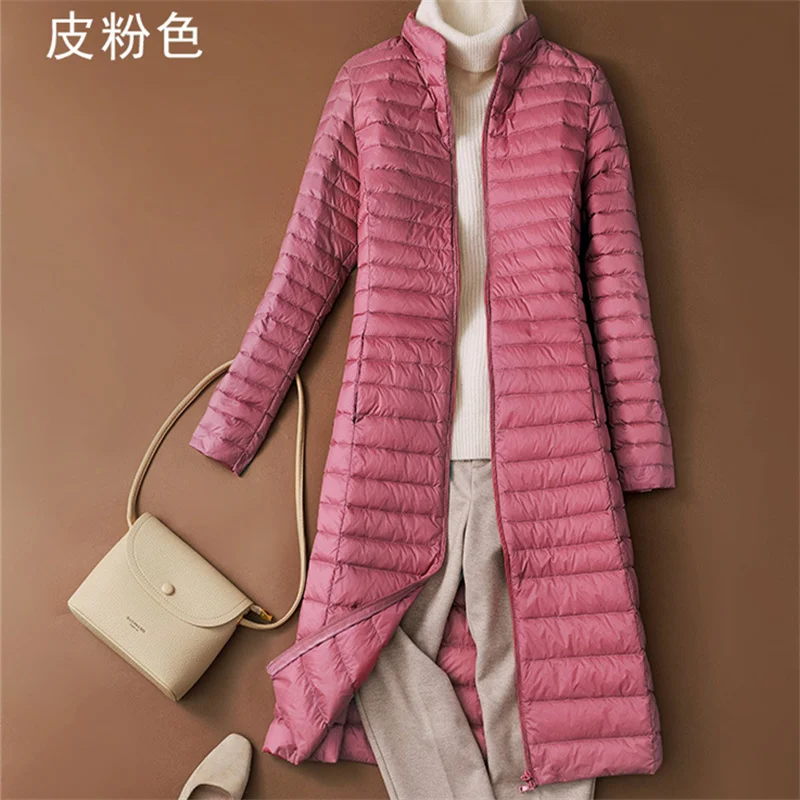 New Autumn Winter Women Stand Collar Long Down Coat Light Thin White Duck Down Jacket Parkas Female Slim Bigsize Puffer Outwears