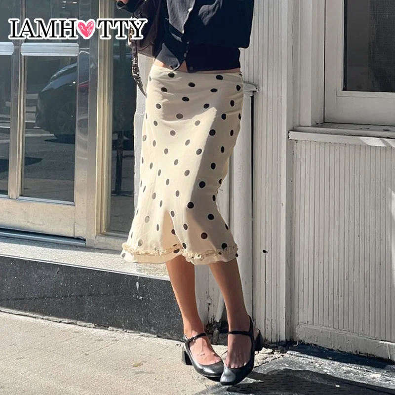 IAMHOTTY Dot Print Midi-calf Skirt Y2K Aesthetic Low Waist Straight Skirts French Style Ruched Edge Hem Pencil Skirts Chic Women