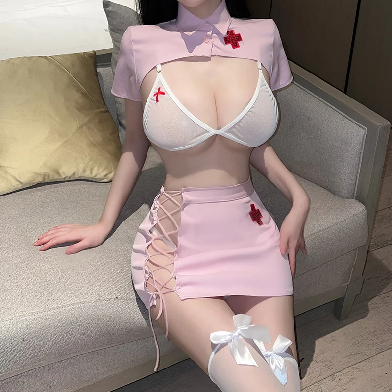 Sexy Nurse Cosplay Women Lingerie Temptation Uniform Side Split Skirt Open Bra Lolita Erotic Party Costume Miniskirt Outfits