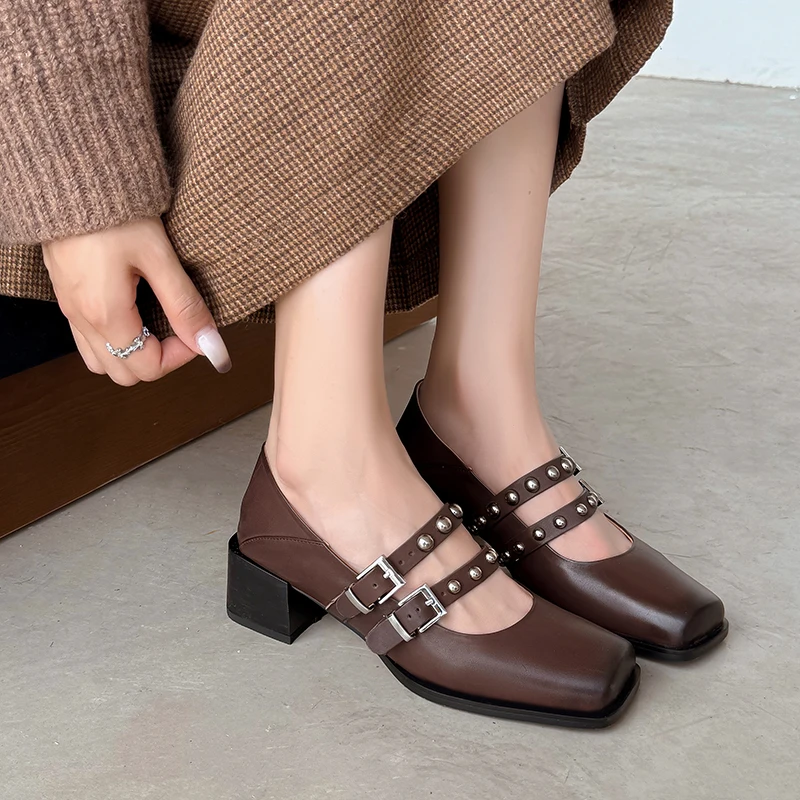 

Fashion Women Elegant Mary Jane Shoes Sexy Chunky Heels Luxury Genuine Leather Pumps Office Daily Wedding Party Size 34-40