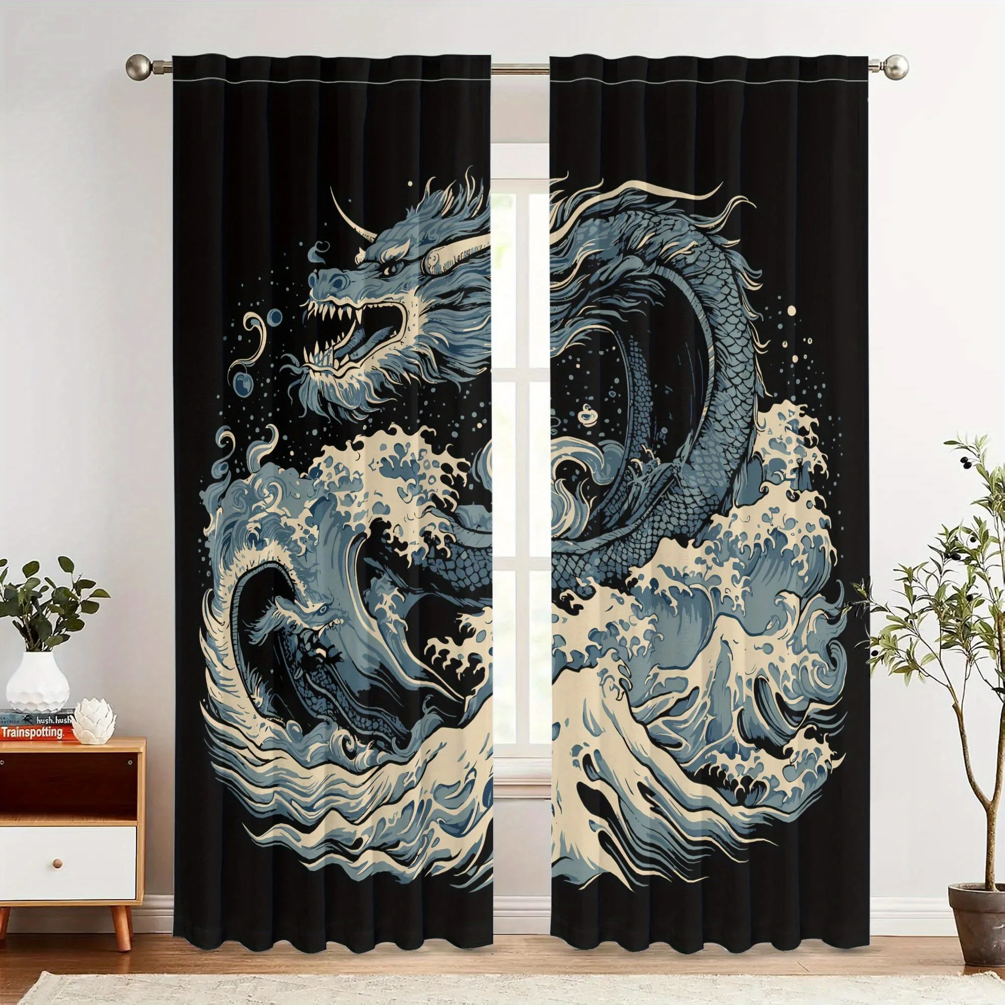 2pcs Dragon Design Blackout Curtains  Polyester Retro Japanese-Inspired Dragon & Wave Art, Grommet Top for Easy Hanging