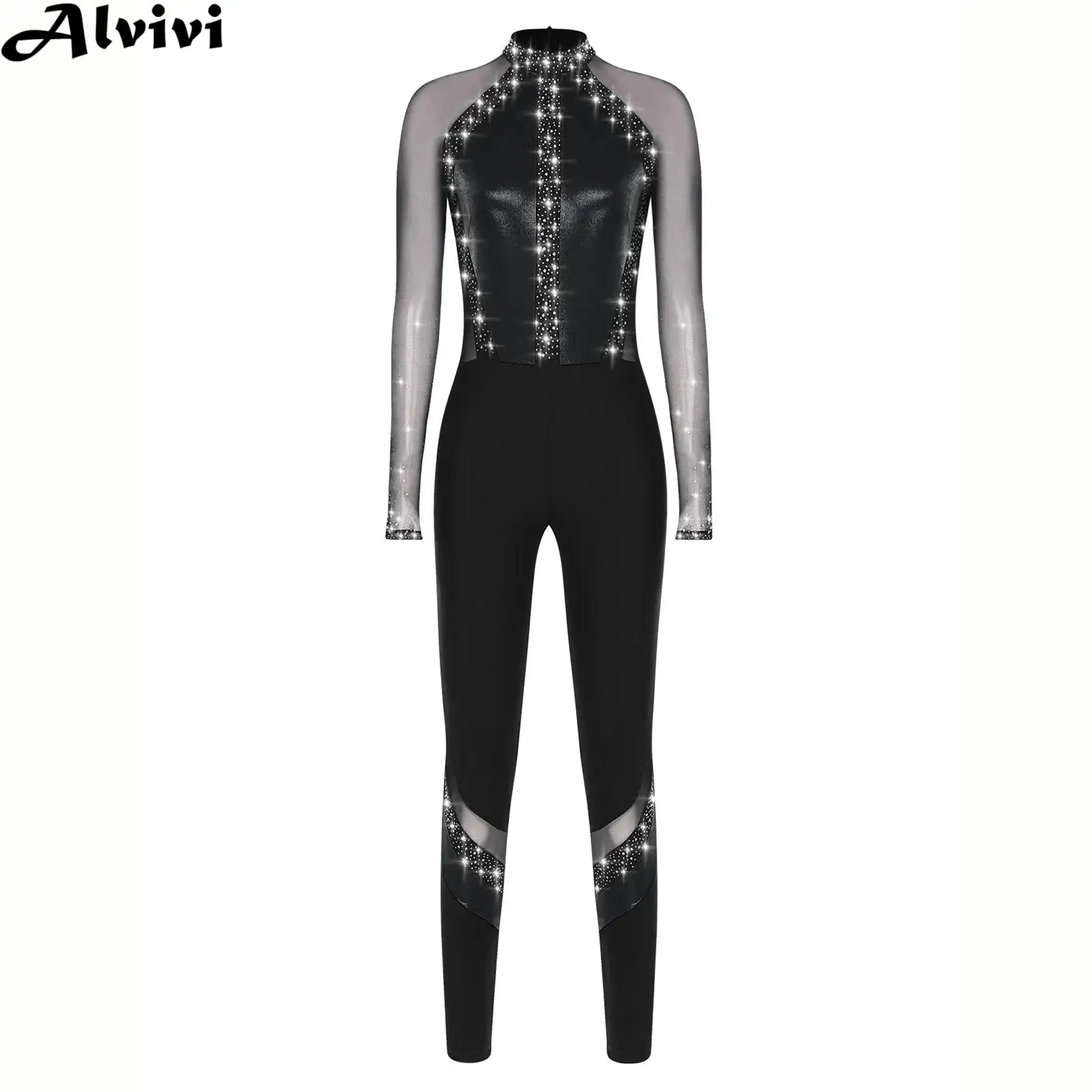 Women Long Sleeve Shiny Rhinestone Sheer Mesh Figure Skating Jumpsuit Rhythmic Gymnastics Ballet Dance Acrobatics Yoga Leotard