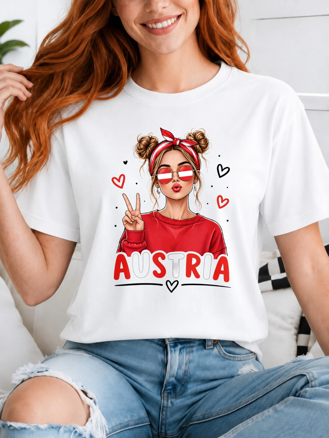 Austria girl with red  Fl-ag peace sign red sweater hearts and clean national lettering Unisex All  Unisex All T-Shirt