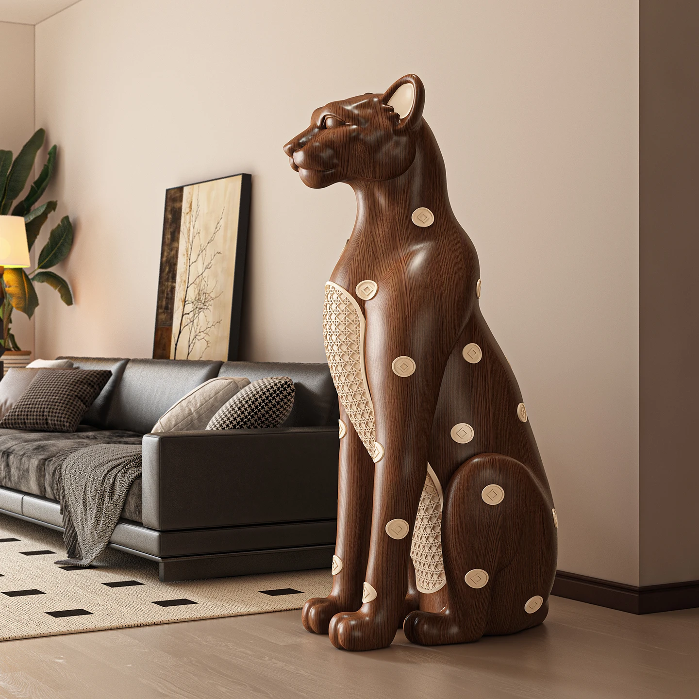 Vintage Style Lucky Money Leopard Figurine Floor-standing Living Room Sofa Side Retro Home Decoration High-end Housewarming Gift