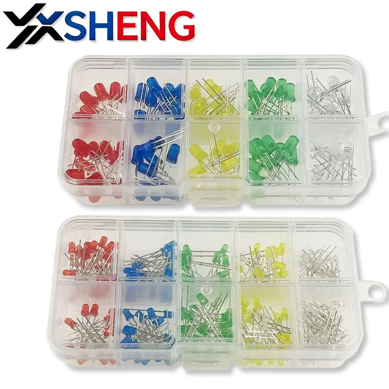 100PCS 200PCS 3MM/5MM LED Light Emitting Diode Sample Box Red, Yellow, Blue, Green, White 40 Pieces Each of 5 Colors