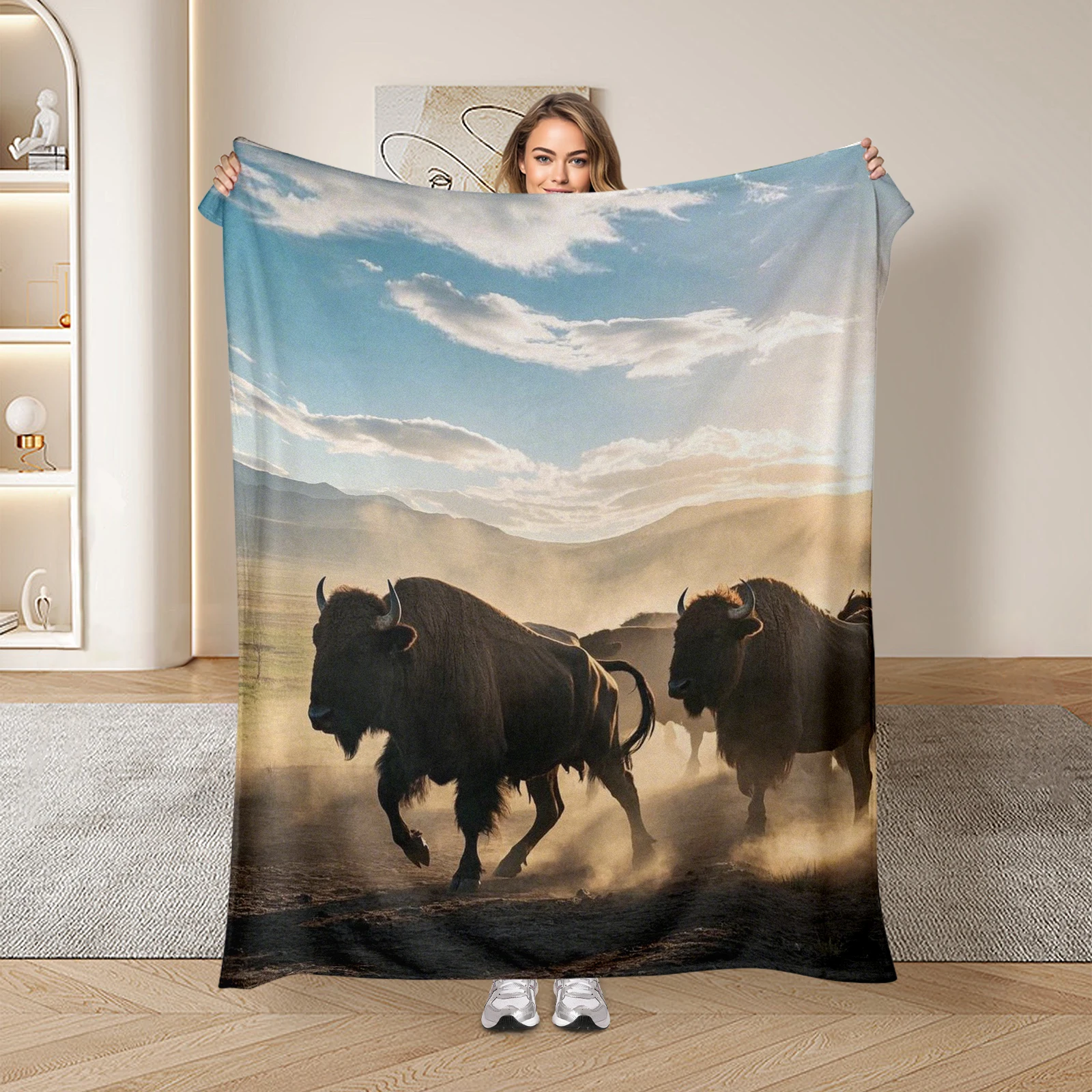 Unique Bison Herd Running In The Grasslands Blanket Ideal For Loved Ones Celebrating Wildlife Beauty