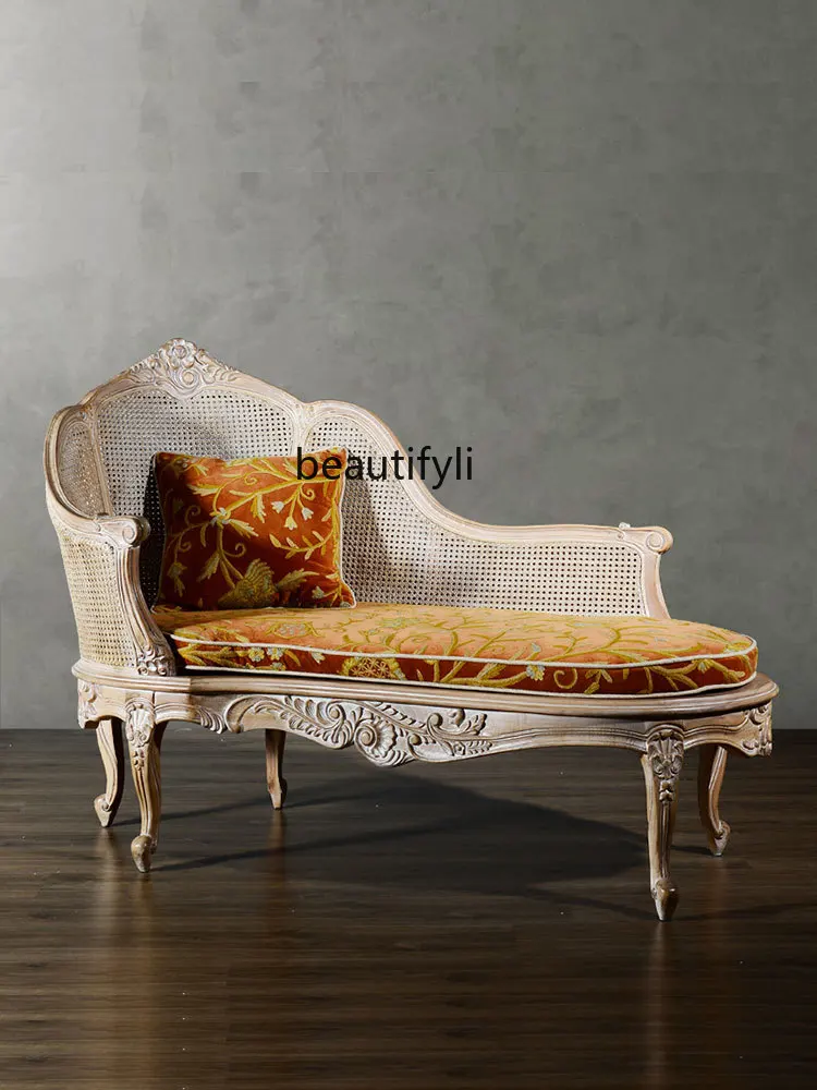 Modern American Style Solid Wood Chaise Longue Vintage Engraving Rattan Sofa Recliner French Living Room Balcony Leisure Lazy