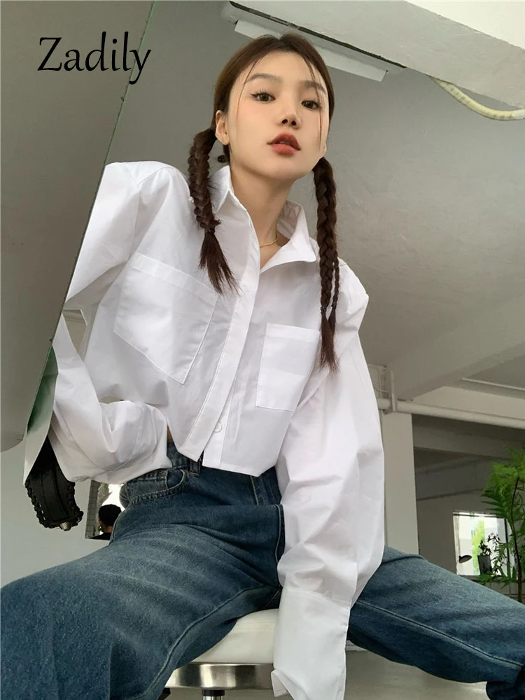 Zadily 2023 Spring Minimalist Long Sleeve Women White Shirt Y2K Shoulder Pad Button Loose Woman Crop Top Blouse Female Clothing