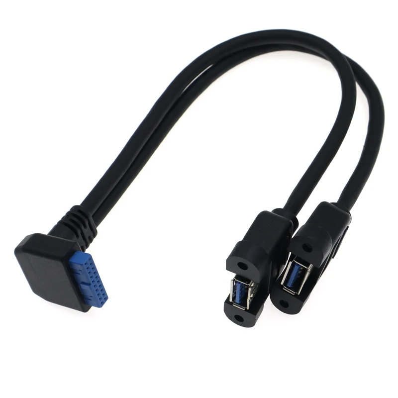 Câble d'installation fileté USB 3.0 double port femelle à coudille coudée à 90 degrés de 30 cm pour carte mère d'ordinateur