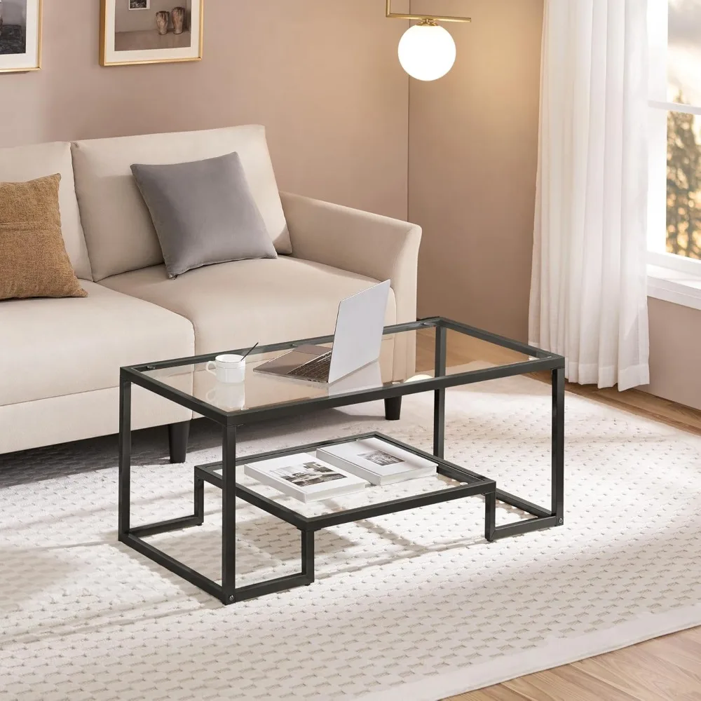 Modern Tempered Glass Coffee Table with Geometric Design and Metal Frame, Simple Center Table for Contemporary Living Spaces