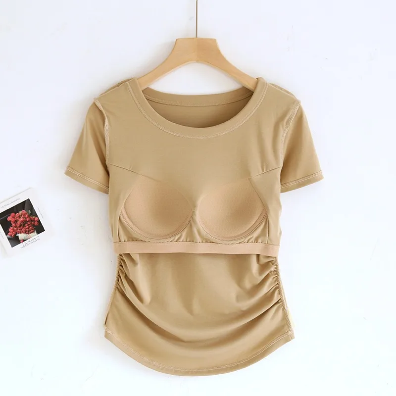 Women\'s T-Shirts Solid Color Short Sleeve With Padded Bust Wireless Base Layer Tops Slim Ruched Soft Female Outwear Sleep Tops