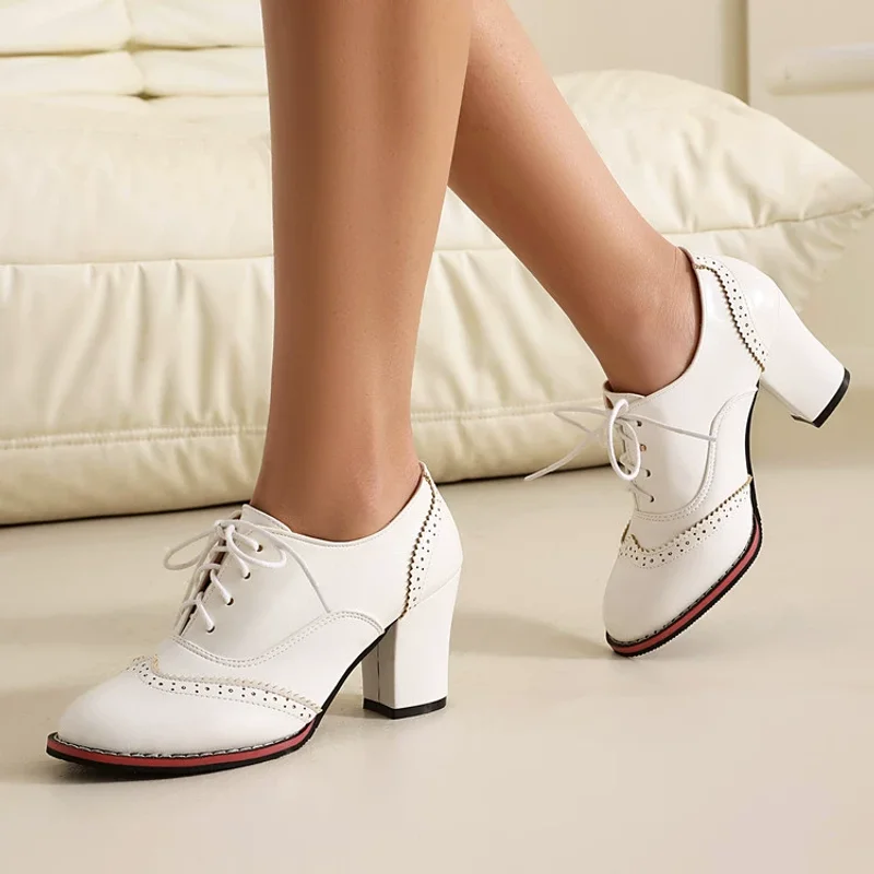 2025 Spring New British College Style Medium Heel Coarse Follow Shoes Deep Mouth Lace Up Student Shoes High Heels For Women
