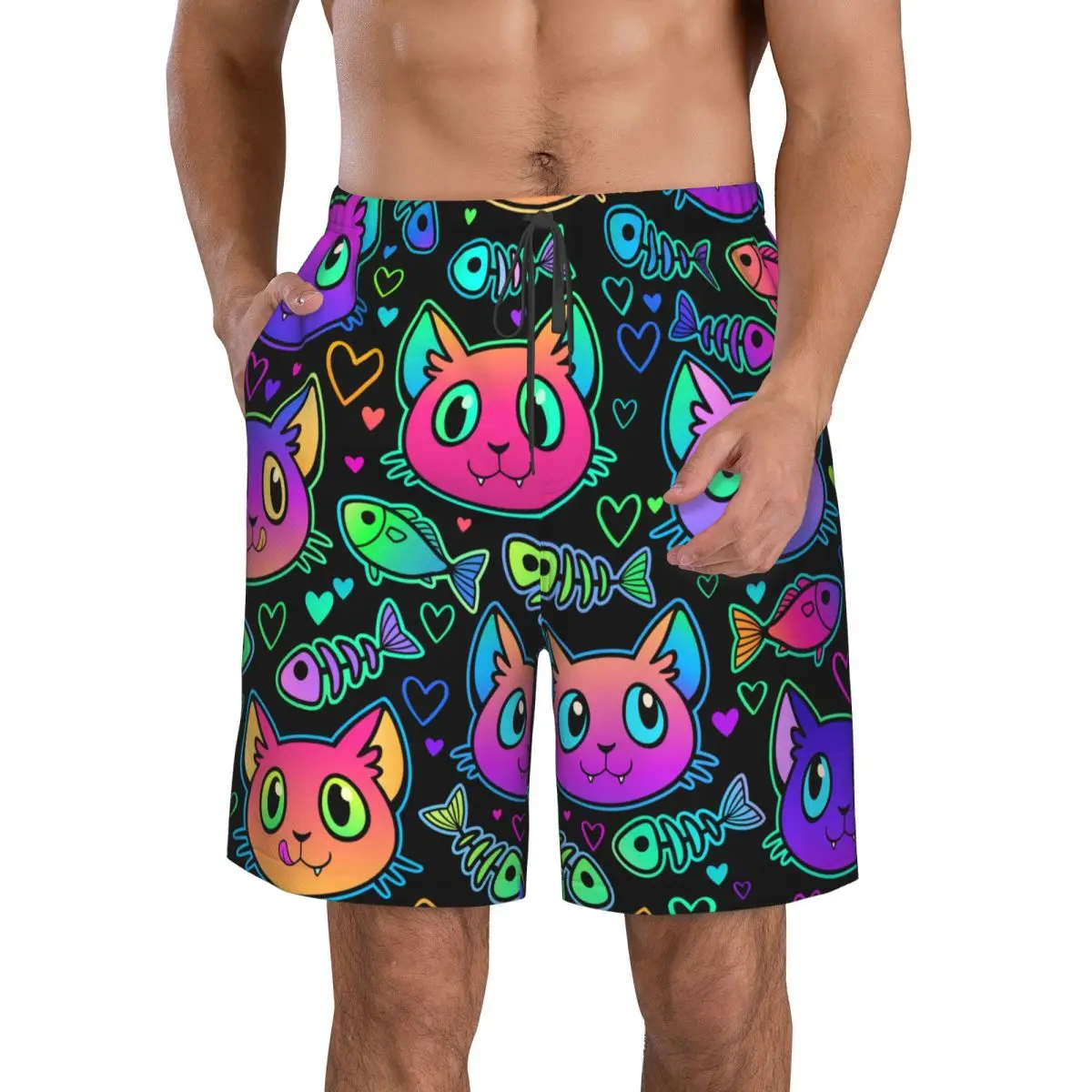 Men's Beach Short Swim Shorts Cute Bright Cat Heads And Fish Surfing Sport Board Shorts Swimwear