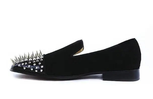 Drop Shipping Black Genuine Leather Suede Sliver Spike Rivet Flat Shoes Men Round Toe Low Top Slip On Patchwork Loafers Flats