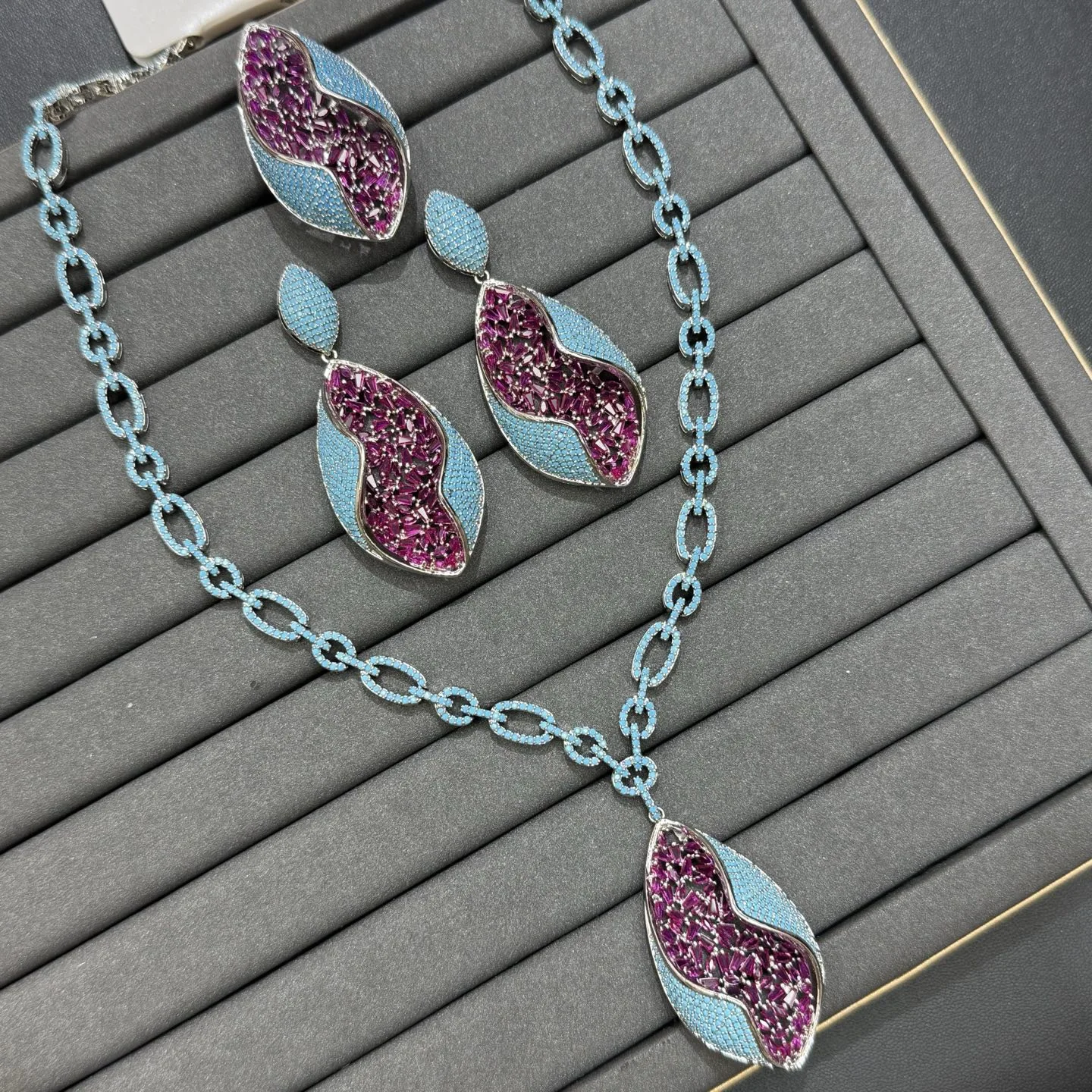 

fashion luxury cubic zirconia earrings necklace ring for women jewelry set gold silver color blue green black pink unique design