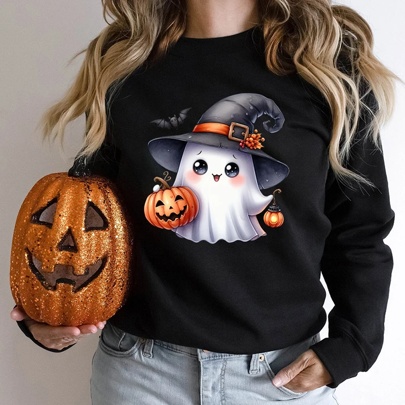 Halloween Ghost Pumpkin Print Pullovers For Women Autumn And Winter Casual Round Neck Loose Ladies Hoodeless Plus Size Pullovers