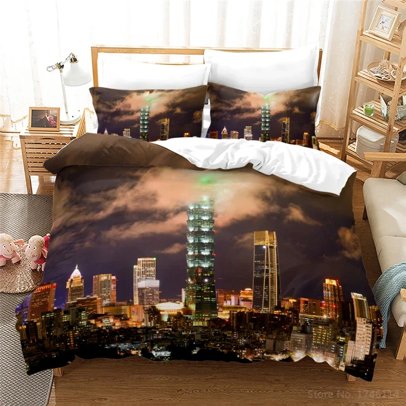 3D City Night View Print Love Child Duvet Cover Set HD Comforter Cover Bedclothes for Kids Bedding Sets Bedroom Decor