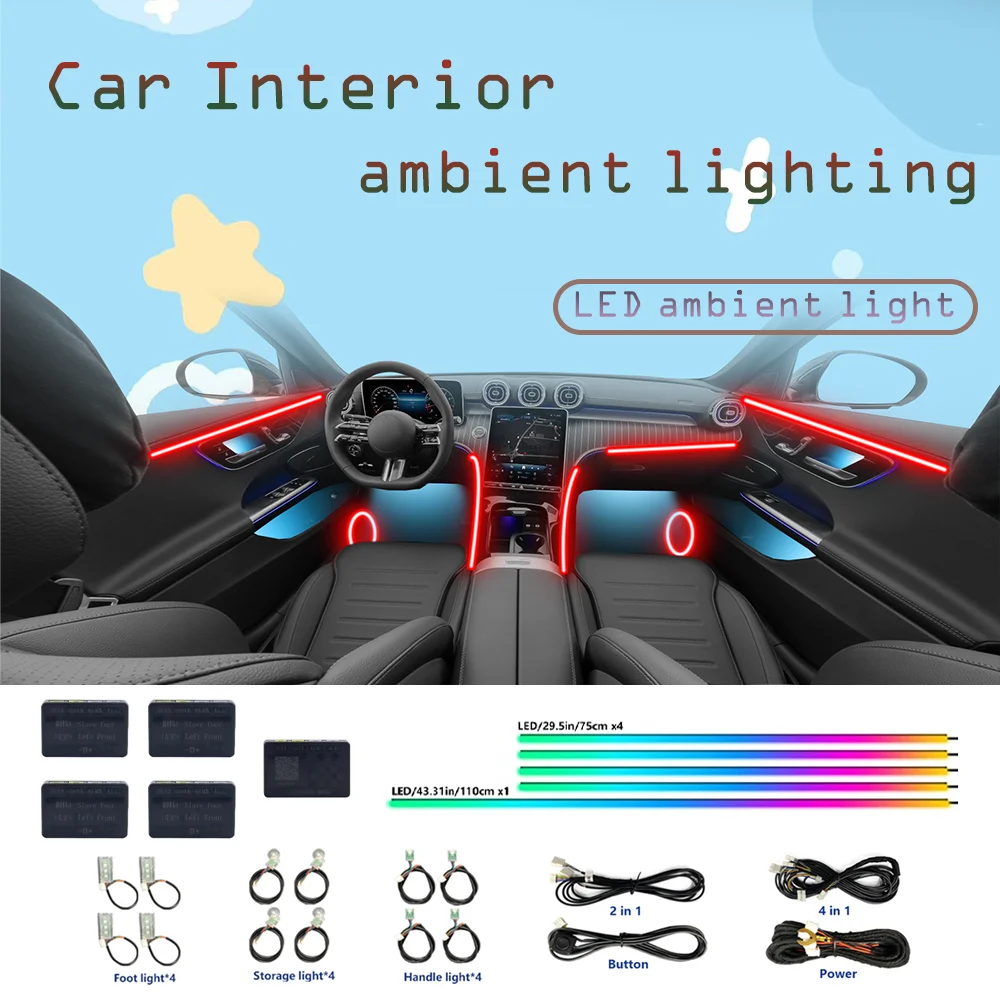 2025 New 64 Color RGB Car Ambient Interior Light Acrylic Guide LED Strip Light APP Control Music Sync Atmosphere Lamp
