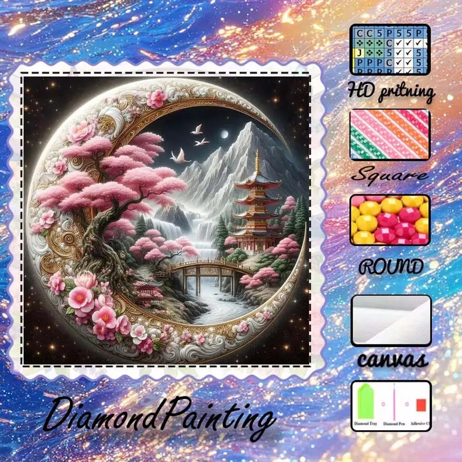 

1 piece 5D DIY flocking cloth, special drill, diamond painting kit, landscape, cherry blossoms, pattern mosaic, diamond art