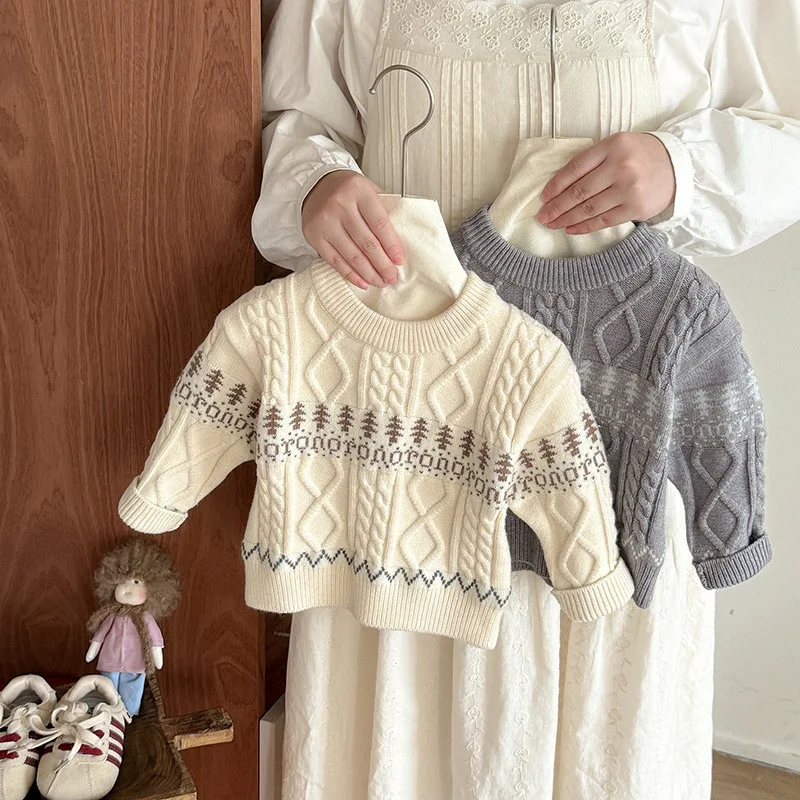 

2025 Sweater Autumn/Winter New Men's Treasure Retro Jacquard Round Neck Knitted Sweater for Boys Single layer Sweater Inner