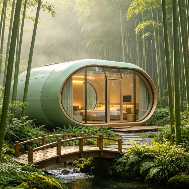 Customized Capsule Hotel Room Prefab Modular Panoramic Window Ventilation System Smart Control Flat Pack