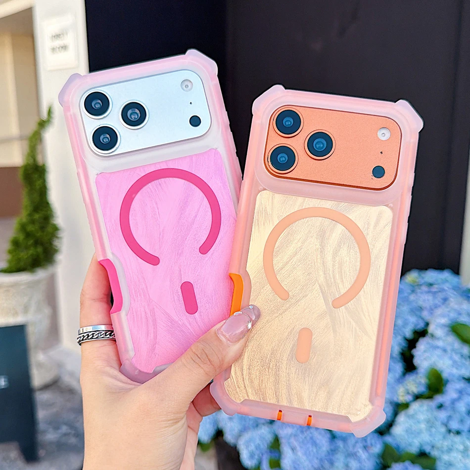Magnetic Case For iPhone 17 Air 16 15 Pro Max Plus Air 14 13 Cases Laser Feather Pattern Wireless Charge Thick Shockproof  Cover