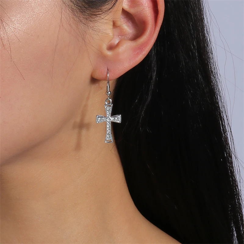 Mode Kristall Kreuz Tropfen Ohrringe für Frauen Gothic Kreuz Baumeln Haken Ohrringe Mädchen Party Festival Schmuck Geschenke – Detail 6