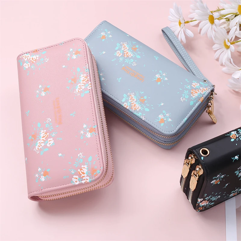 New Women's Long All-Match Wallet Double Zipper Floral Coin Purse Large Capacity Mobile Phone Pouch Clutch Bag ID Card Holder